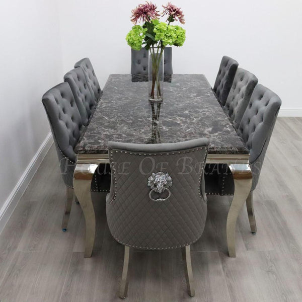 200cm Louis Marble Dining Table with 8 Majestic Knockerback Velvet Chairs