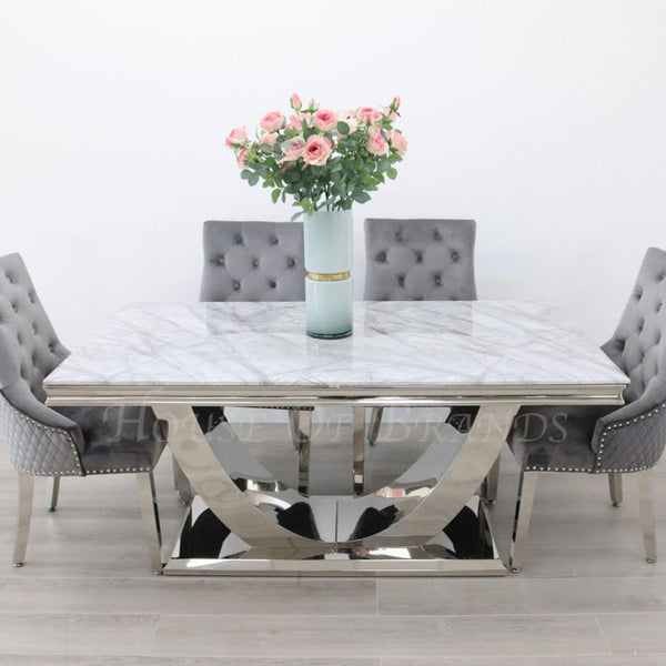 Arial Marble Dining Table and 4 Majestic Knockerback Velvet Chairs