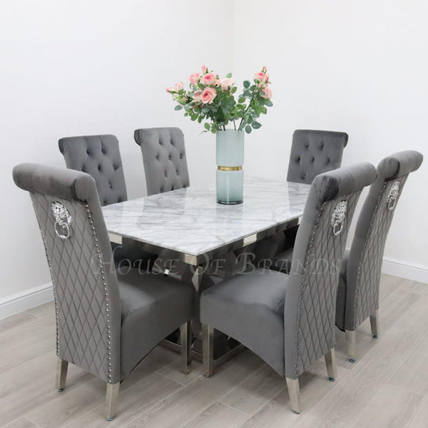 160cm Majestic Marble Dining Table with 6 Emma Knockerback Velvet Chairs