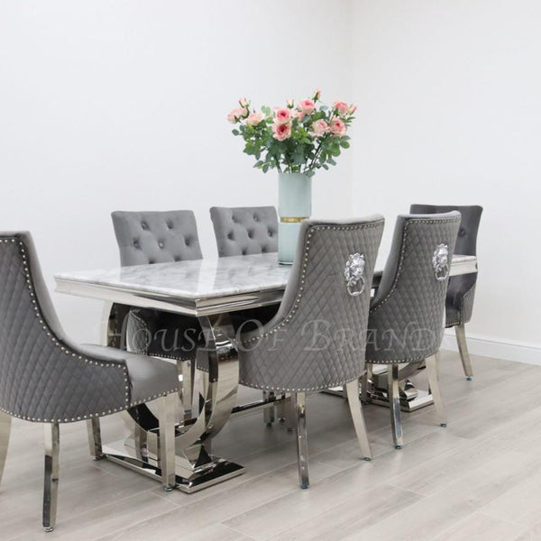 180cm Arianna Chrome Marble Dining Table and 6 Majestic Velvet Knockerback Chairs