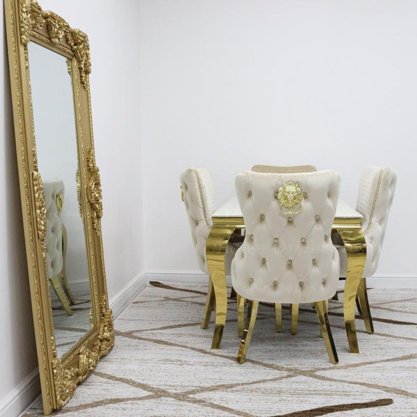 120cm Gold Louis Marble Dining Table with Victoria Gold Knockerback Chairs