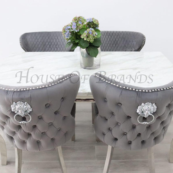 180cm Louis Marble Dining Table with 4 Valentino Knockerback Velvet chairs
