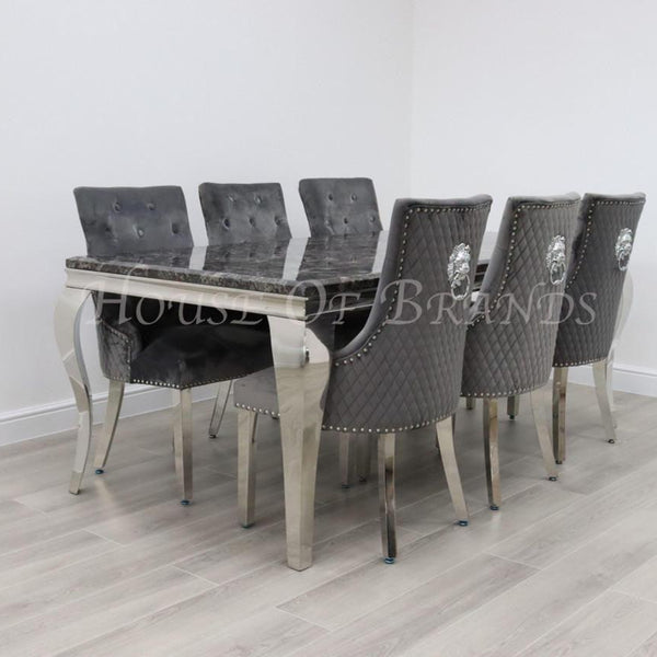 200cm Louis Marble Dining Table with 6 Majestic Knockerback Velvet Chairs