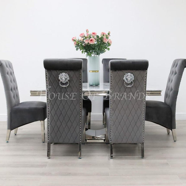 Arial Marble Dining Table and 6 Emma Knockerback Velvet Chairs