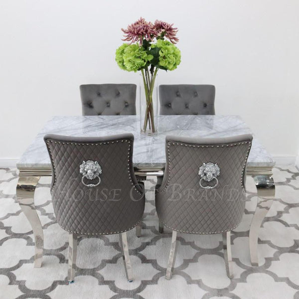 150cm Louis Marble Dining Table with 4 Majestic Knockerback Velvet Chairs