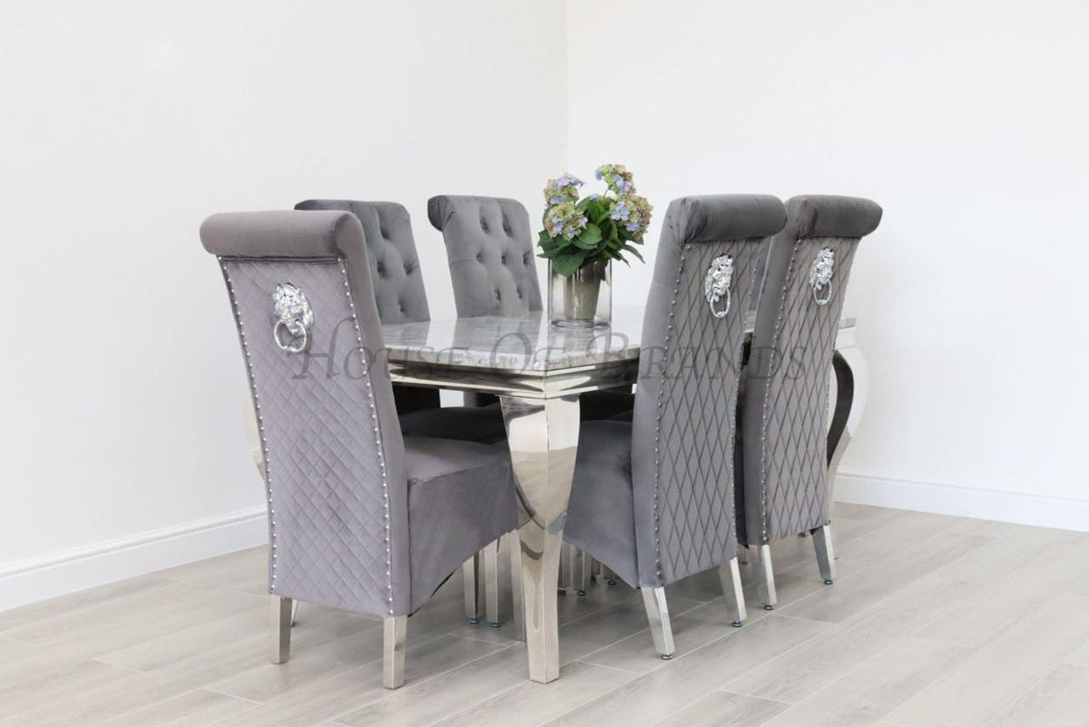 180cm Louis Marble Dining Table with 6 Emma Velvet Knockerback Chairs
