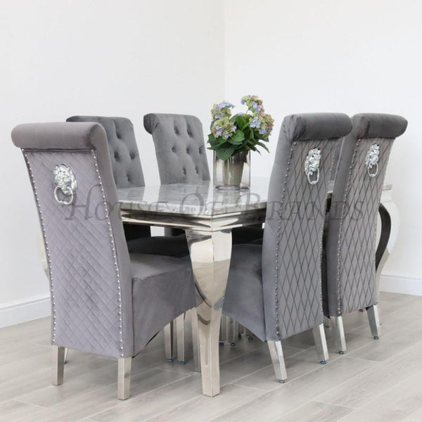 180cm Louis Marble Dining Table with 6 Emma Velvet Knockerback Chairs