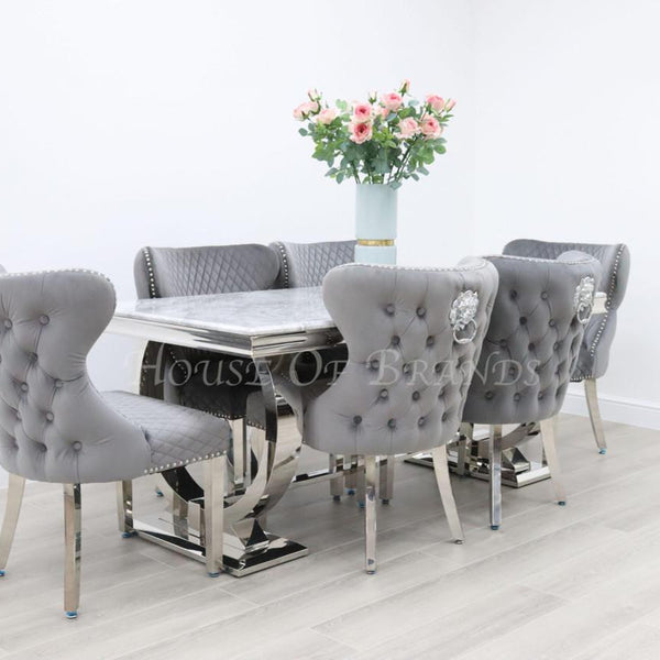 180cm Arianna Chrome Marble Dining Table and 6 Valentino Velvet Knockerback Chairs