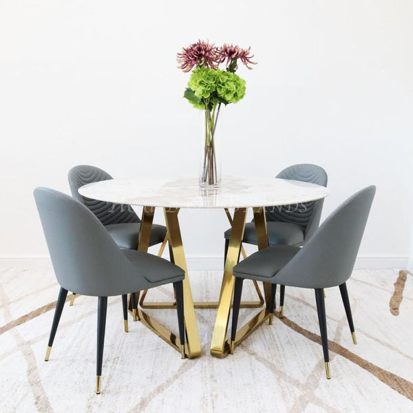 130cm Gold Nova Round Sintered Stone Dining Table and 4 Grey Alba Leather Chairs