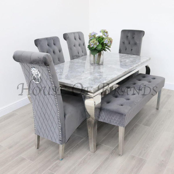 180cm Louis Marble Dining Table with 4 Emma Knockerback Velvet chairs and Majestic Velvet Bench
