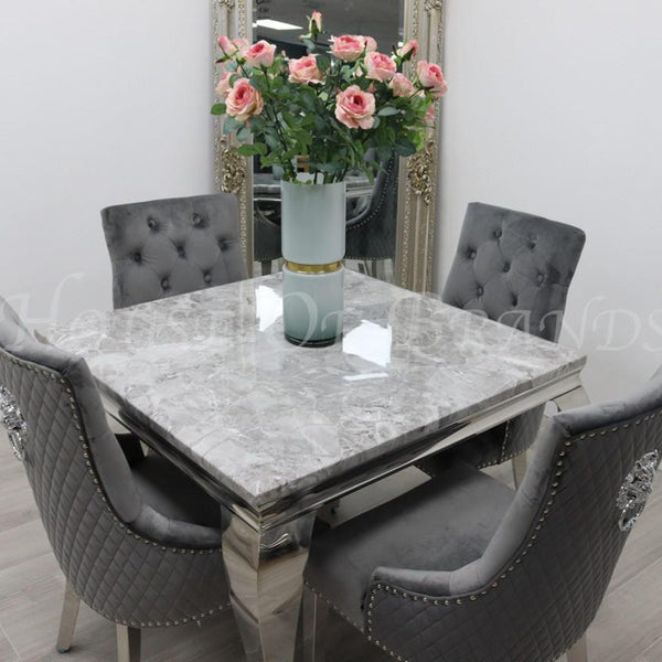 100cm Louis Marble Dining Table with 4 Majestic Knockerback Velvet Chairs