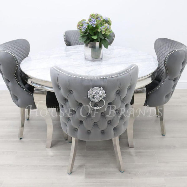 130cm Round Louis Marble Dining Table with 4 Valentino Velvet Knockerback Chairs